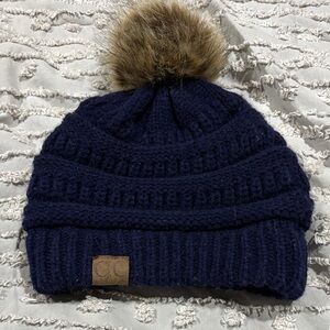 Navy Blue Knit Pom-Pom Beanie for Kids
